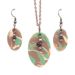 Necklace and Earrings Set - Green, Brown, Tan - Camouflage - Unique Polymer Clay